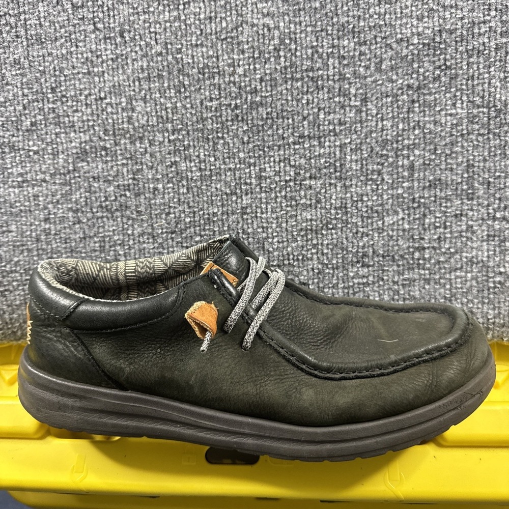 Hey Dude Wally Grip Craft Leather Shoes Mens 9 Black Slip On Comfort Casual